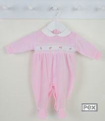 Pex Girls Velour Rose Smocked Sleepsuit Pink