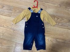 Me & Henry Jersey Overall Navy And Polo Onesie Mustard Stripe