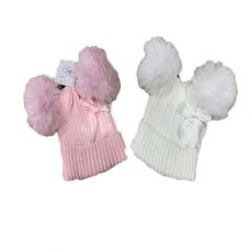 Nursery Time Baby Two Pom Pom Hat With Satin Bow