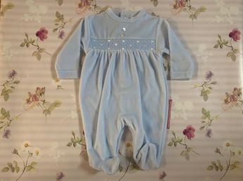 Pex Smocked Velour Sleepsuit Pale Blue