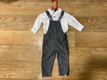 Me & Henry Woven Overall Black Wool Herringbone and  Woven Onesie White Waffle