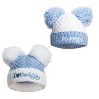 Soft Touch Blue I Love Mummy/ Daddy Chevron Pom Pom Hat