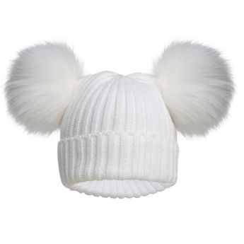 Soft Touch Ribbed Hat With Pom Poms White